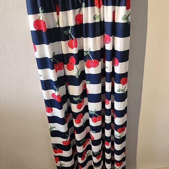 Maxi Dress Small Red Blue Striped Woth Cherries NWT Summer Sleevless - Picture 3 of 4